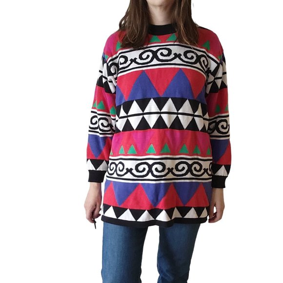 Vintage Sweaters - Vintage cotton geometric print tunic length sweater